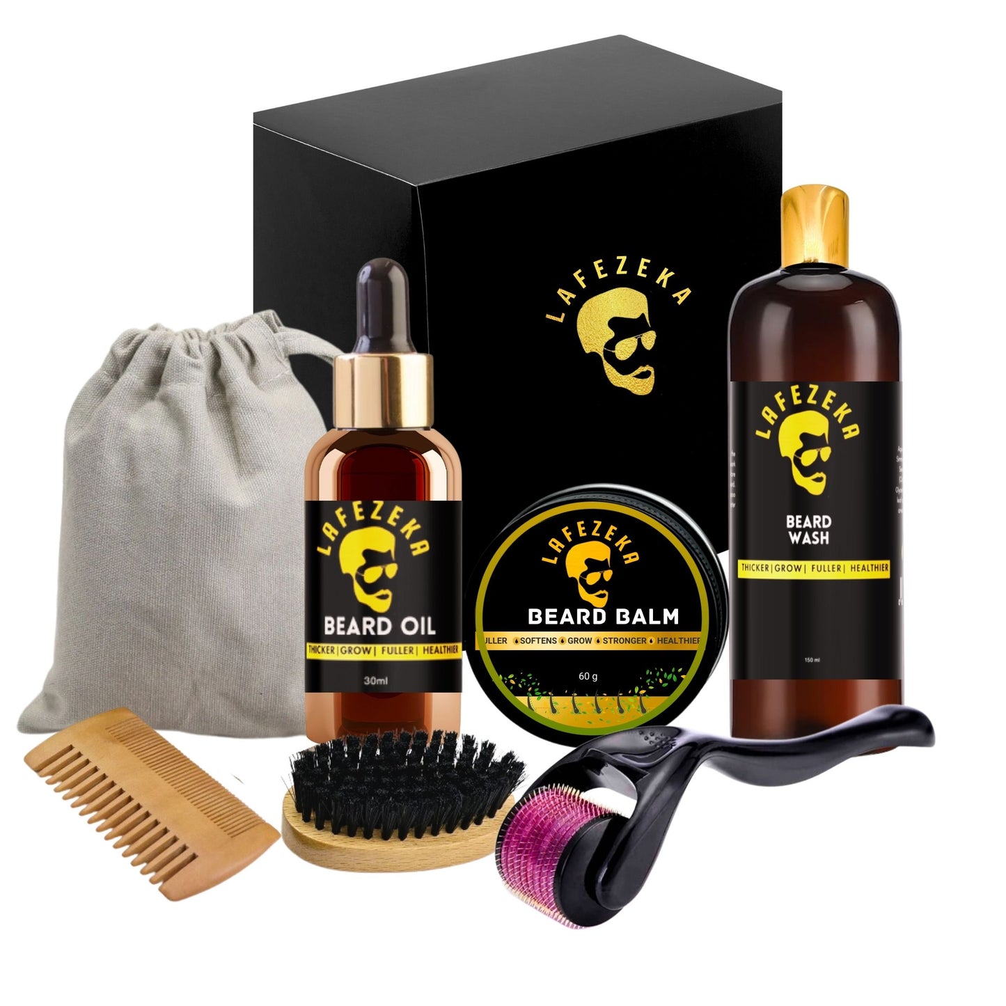 Lafezeka - Beard Growth Kit with Wood Brush & Comb For Men Gift Set